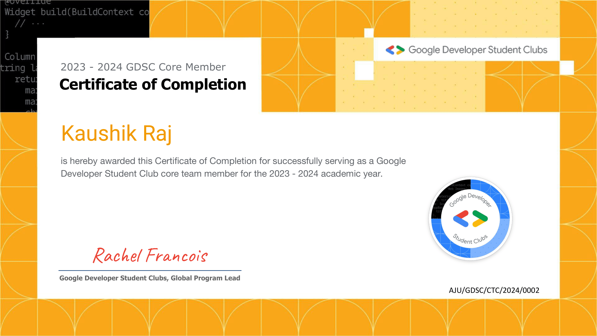 Kaushik Raj GDSC 2023-24 Certificates for Core Member